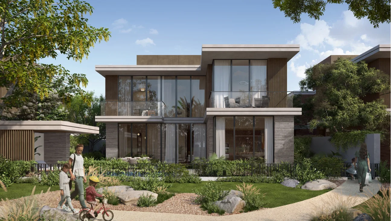 Theon at Athlon — official street-level villa marketing still with glass facade and garden path