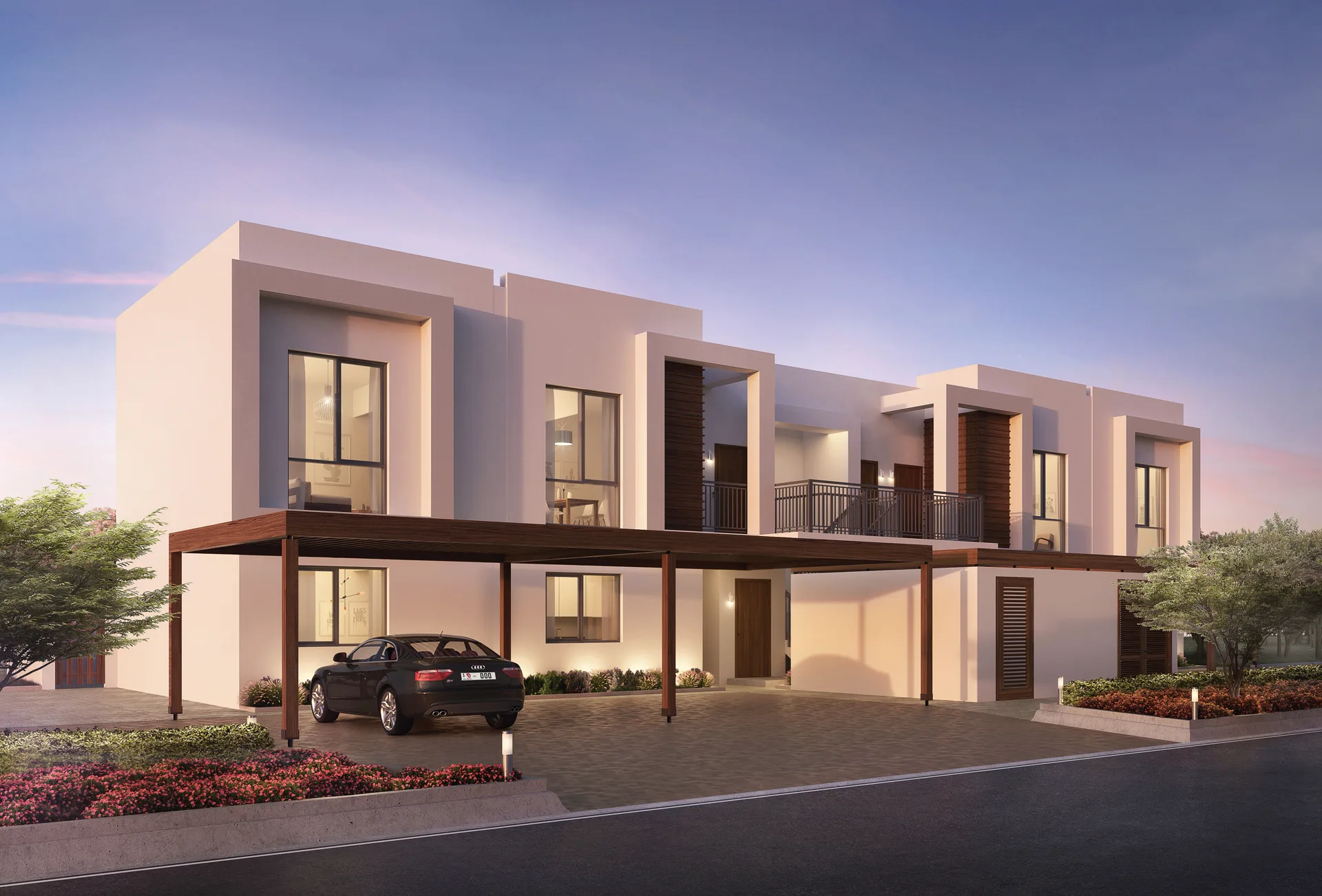 Theon at Athlon — official dusk marketing still of a townhouse row with carport