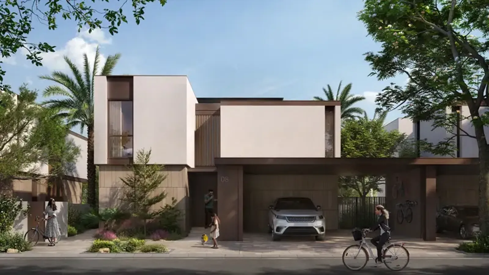 Theon at Athlon — townhouse street marketing still with carport and house number 08