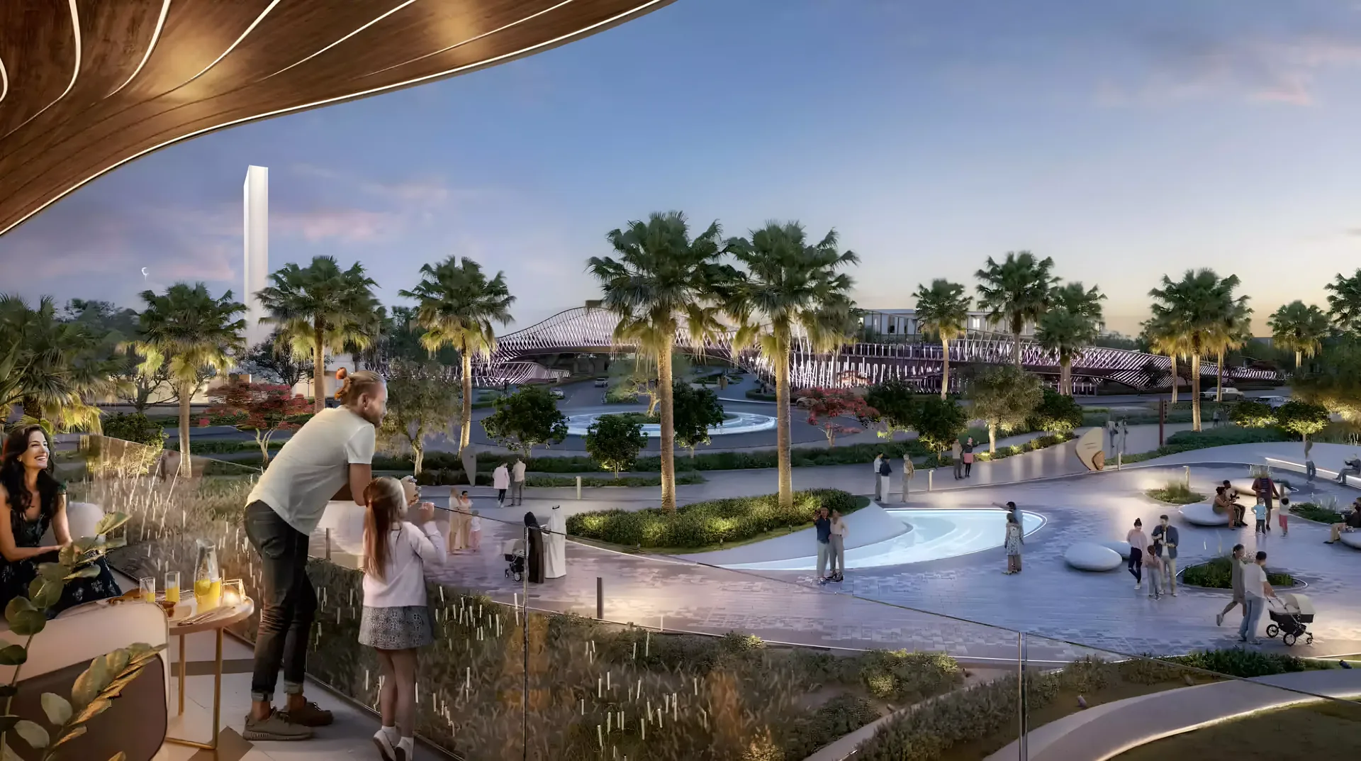 Athlon by Aldar community plaza and pedestrian bridge marketing still (master-community context)