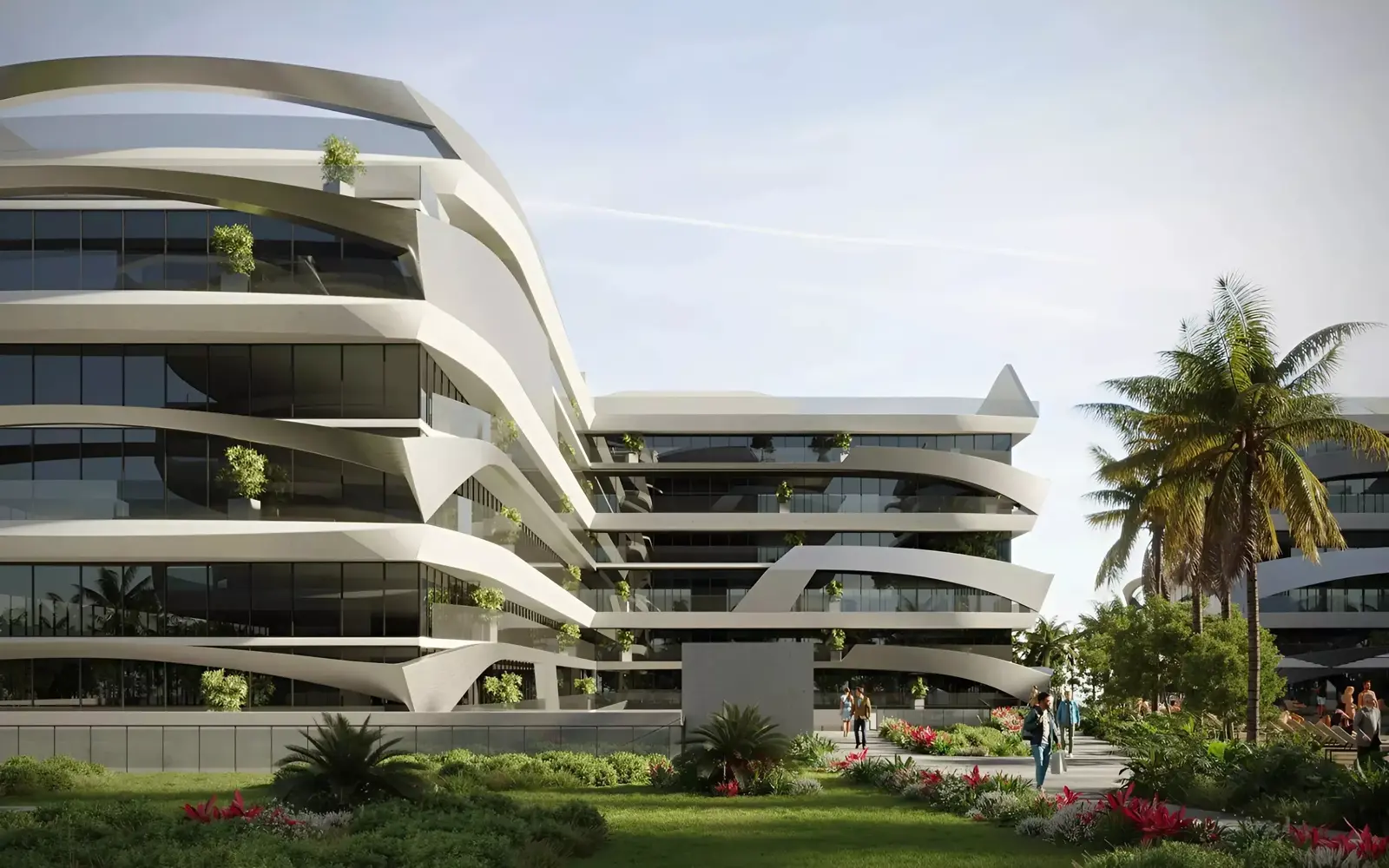 Tonino Lamborghini Residences — street-level white organic facade with gardens