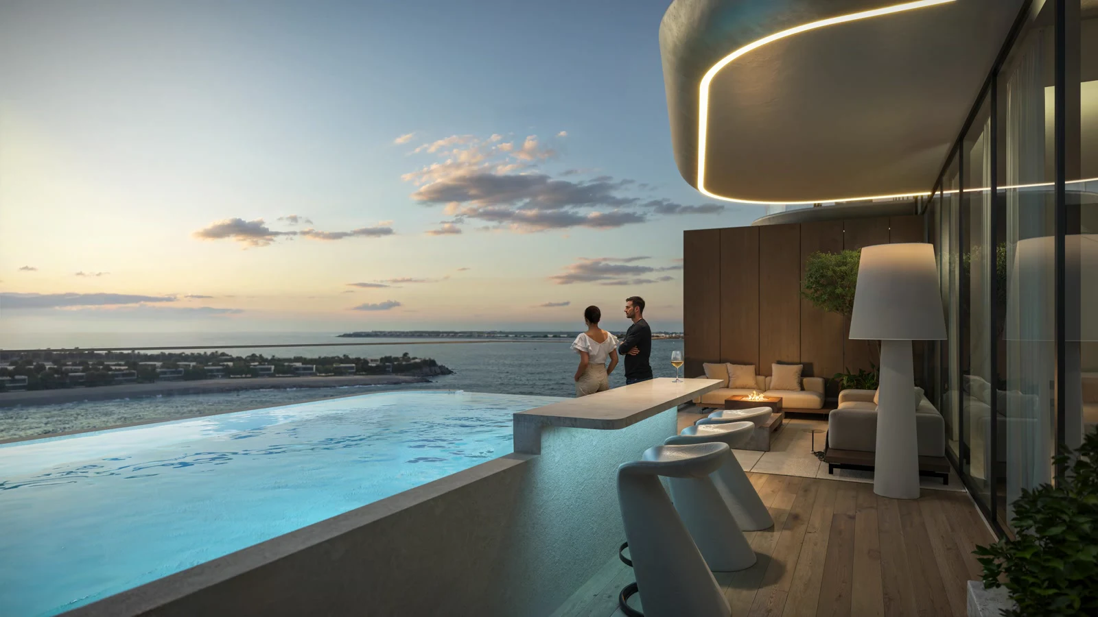 Tréppan Living Privé — balcony dusk amenity render
