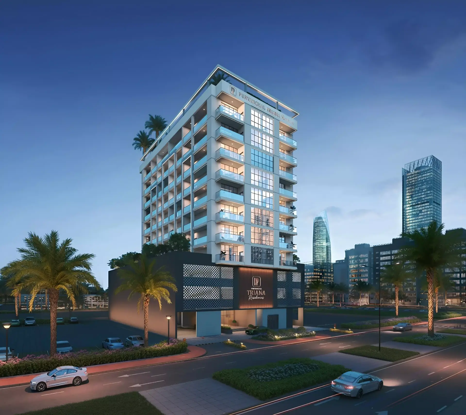 Triana Residences — dusk street still of the labelled mid-rise with Museum of the Future on the skyline