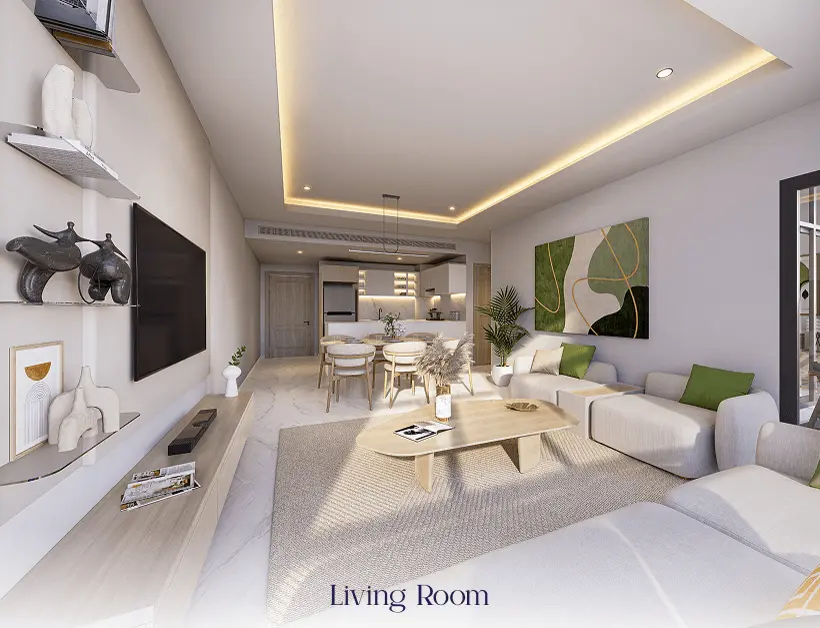 Triana Residences — official living-room render with a pale lounge, dining table and open kitchen