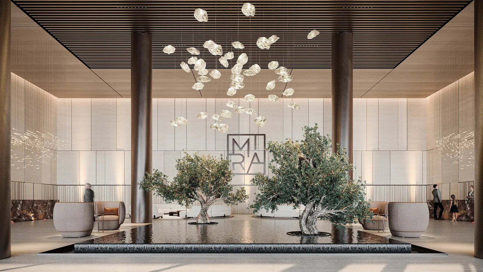 Trussardi Residences Phase II — official lobby still with olive trees and the MIRA mark