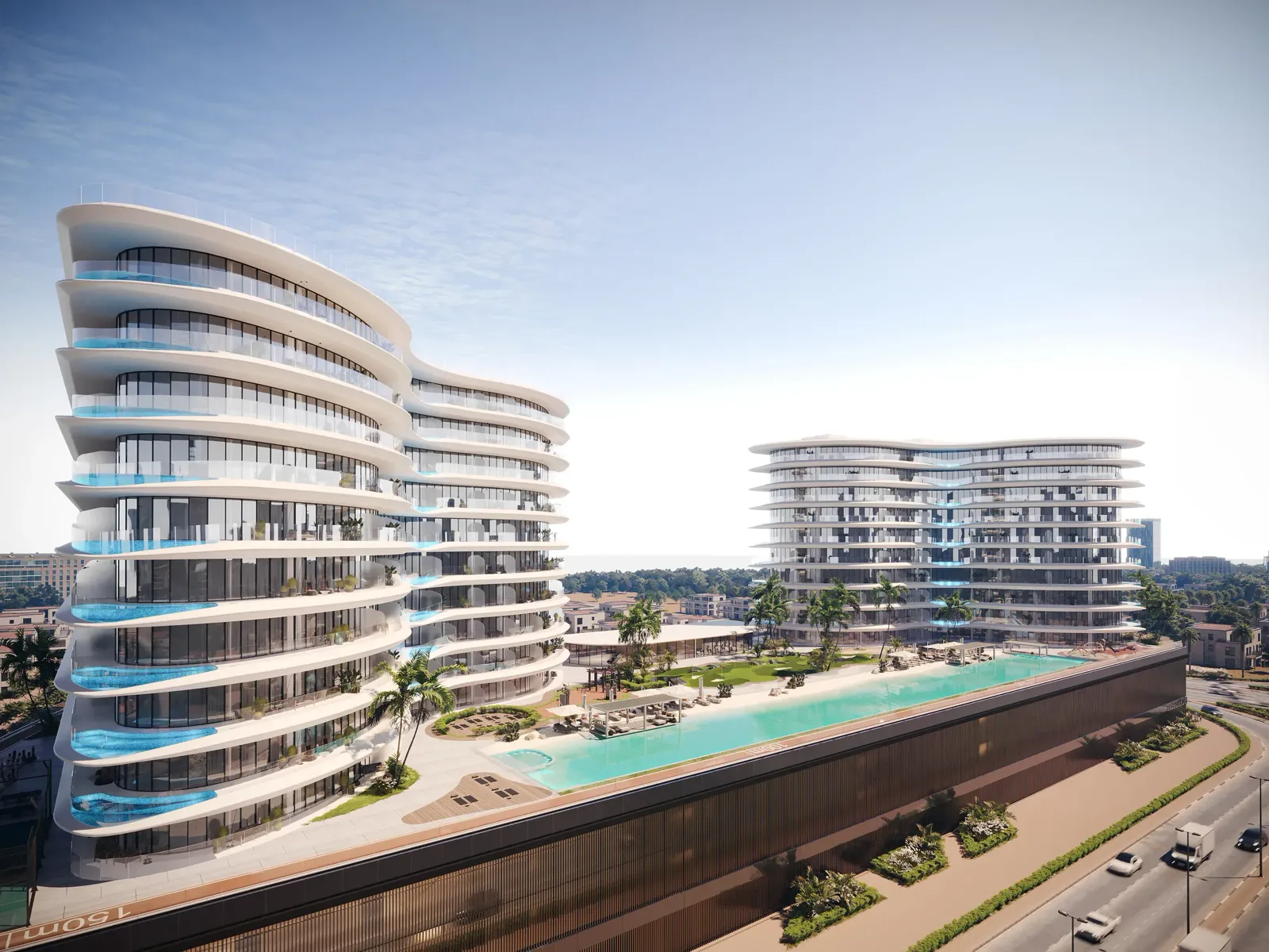 Trussardi Residences Phase II — official podium still of both towers and the long residential pool
