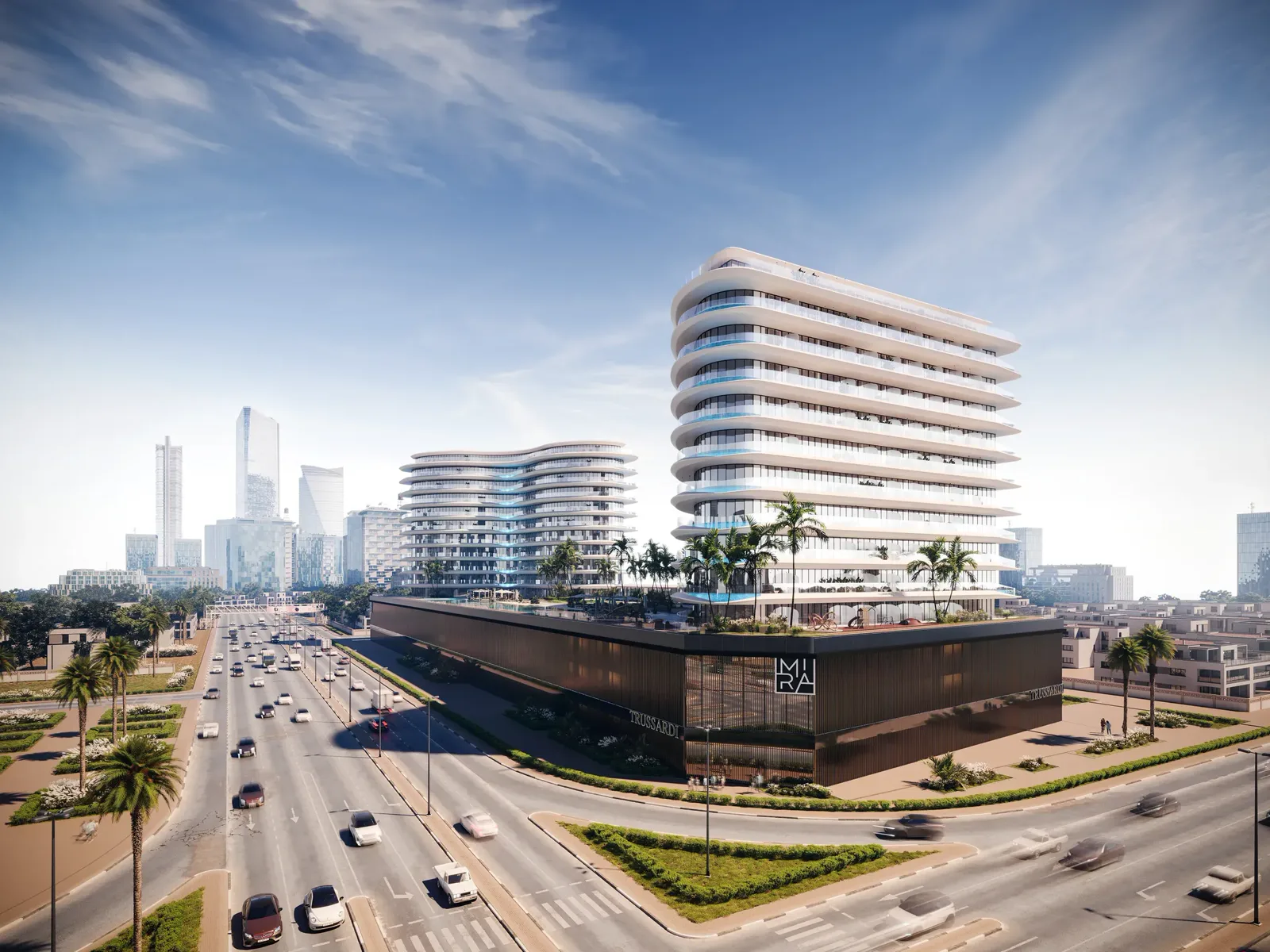 Trussardi Residences Phase II — official street aerial of the two wave towers and MIRA podium