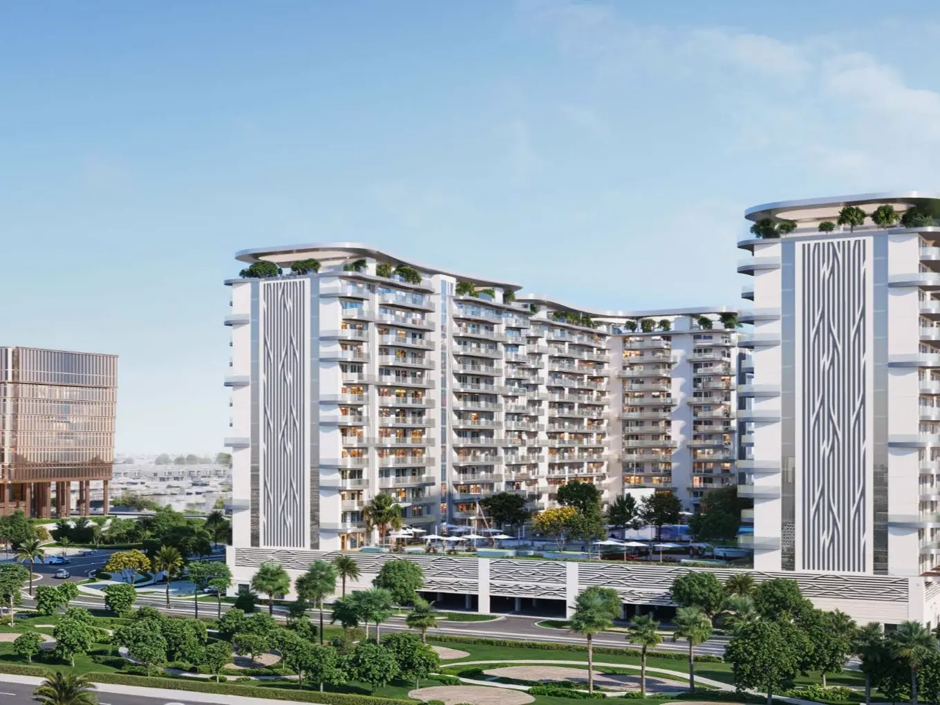 Valencia at DAMAC Lagoons — marketing exterior street elevation of the mid-rise residential campus