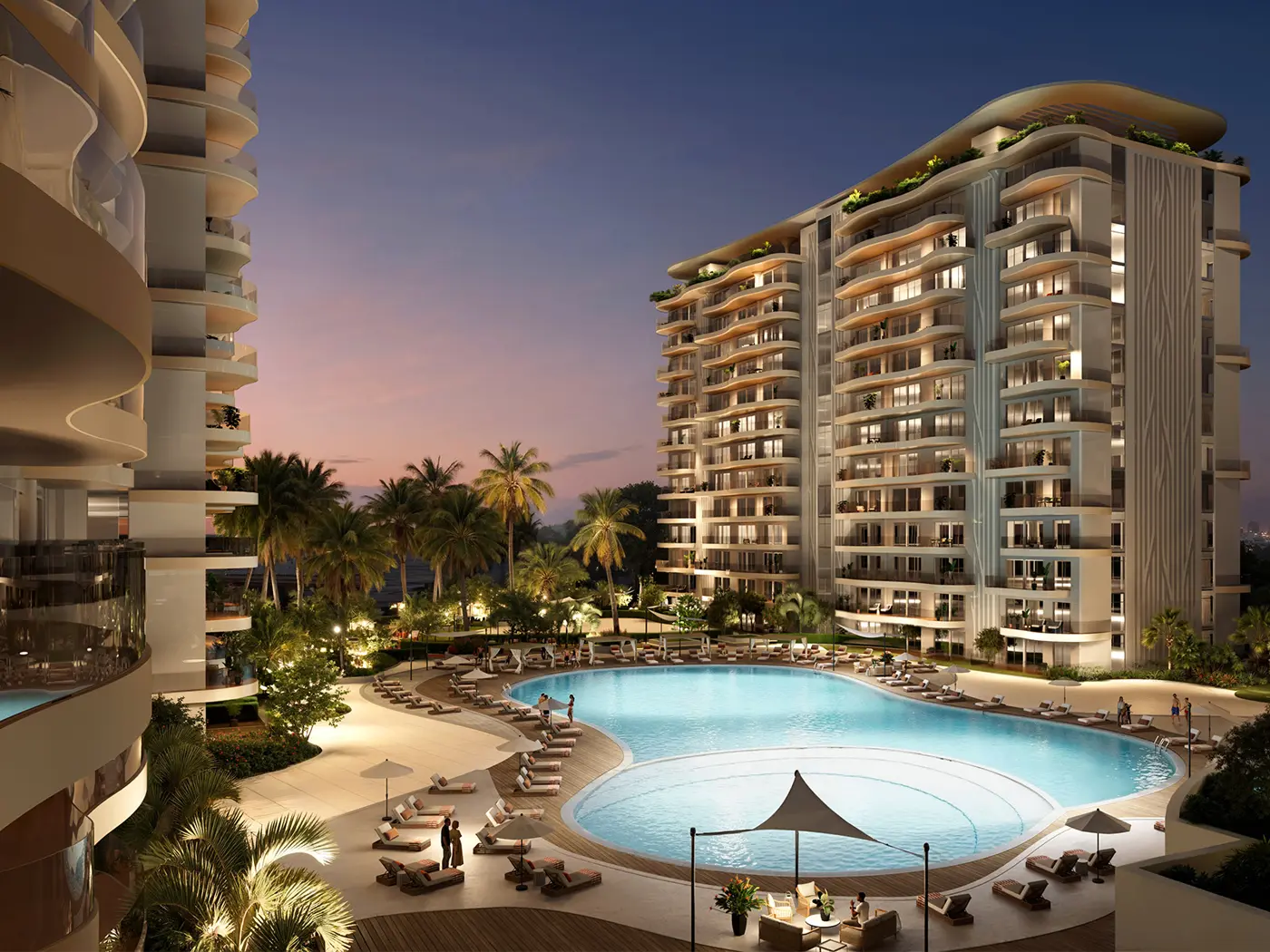 Valencia at DAMAC Lagoons — official marketing exterior alternate angle of white mid-rise blocks