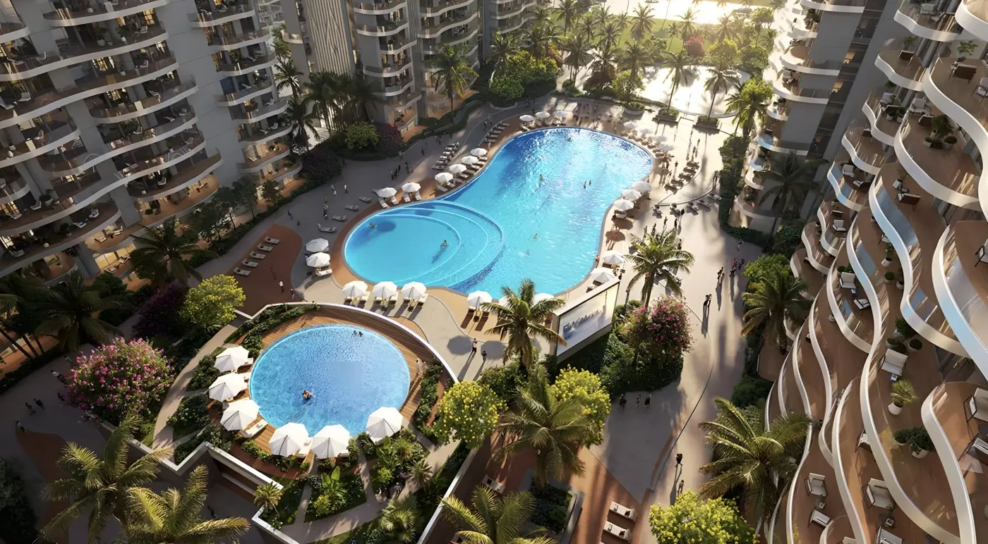 Valencia at DAMAC Lagoons — marketing lifestyle exterior of the lagoon apartment product