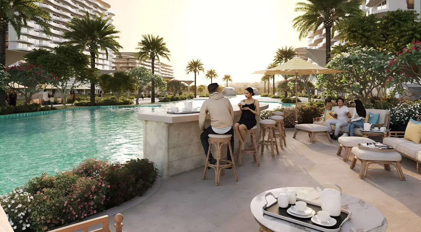 Valencia at DAMAC Lagoons — marketing lifestyle render of community and building massing