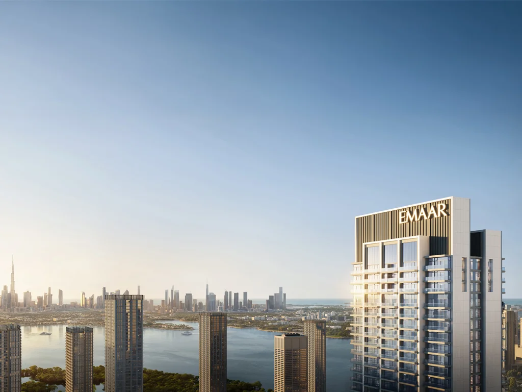 Valia at Dubai Creek Harbour — podium and façade marketing still