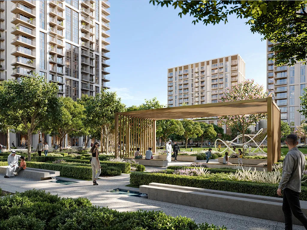 Valo at Dubai Creek Harbour — landscaped courtyard and mid-rise façades marketing still