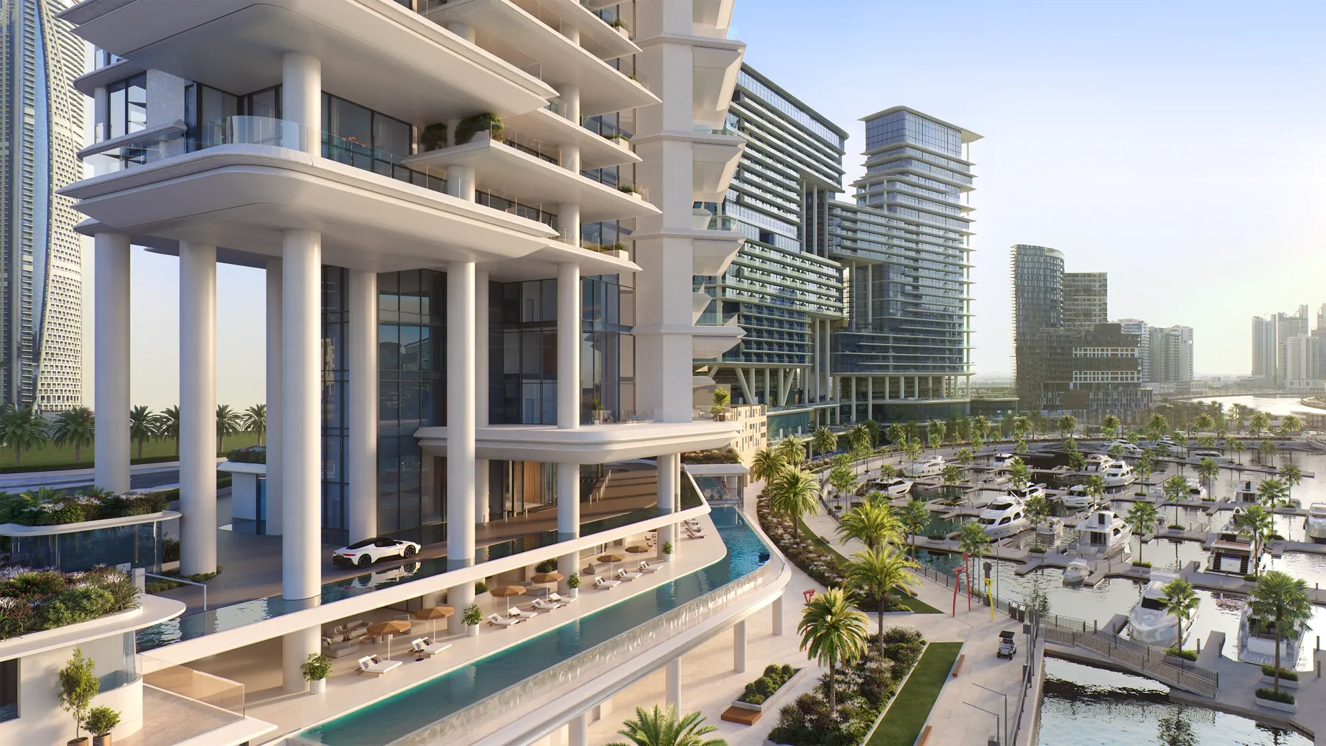 VELA — waterfront arrival and podium pool marketing still beside The Lana, Marasi Bay (Omniyat)