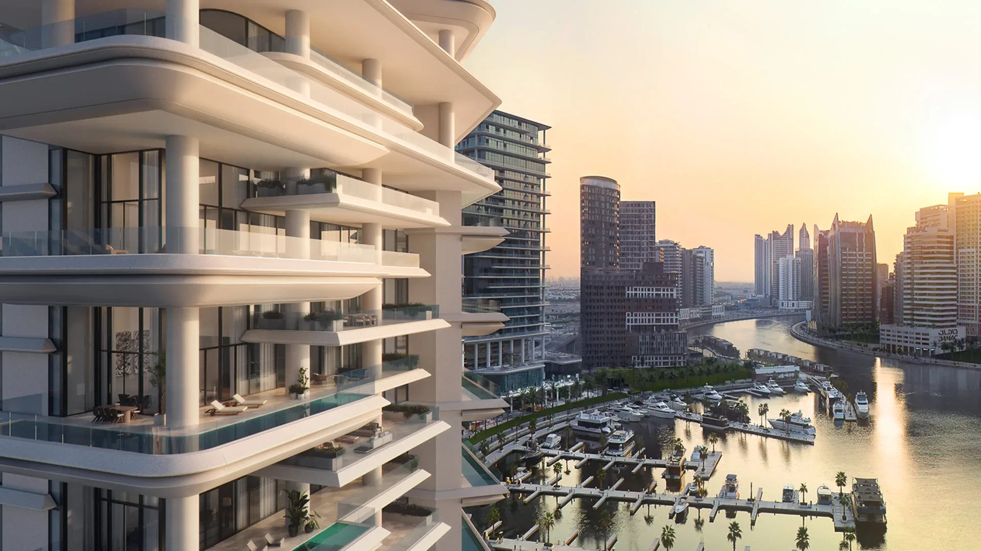 VELA — marina terrace and L-shaped pool marketing still overlooking Marasi Bay (Omniyat)