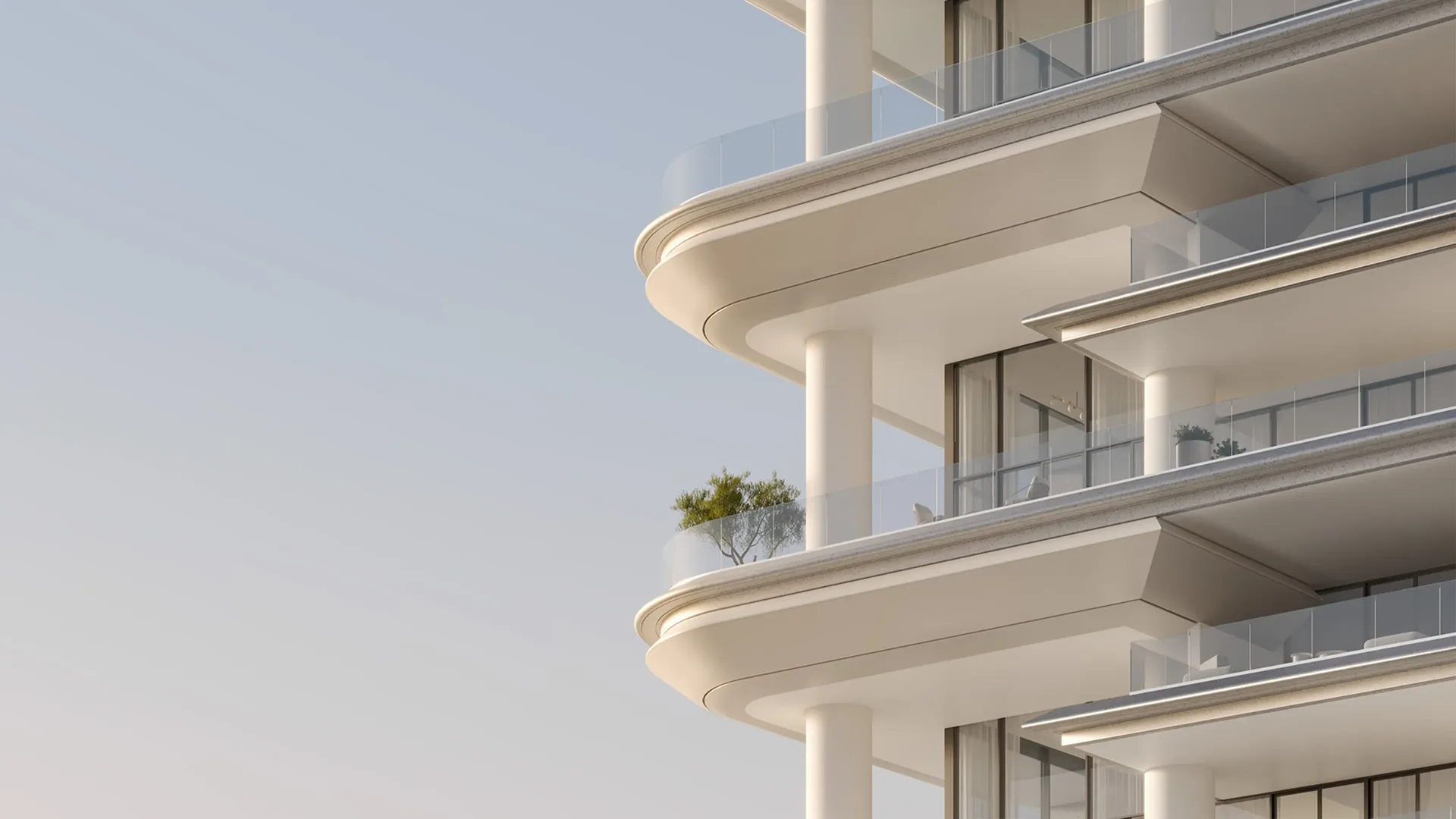 VELA — close façade of stacked terrace plates and glass railings (Omniyat)
