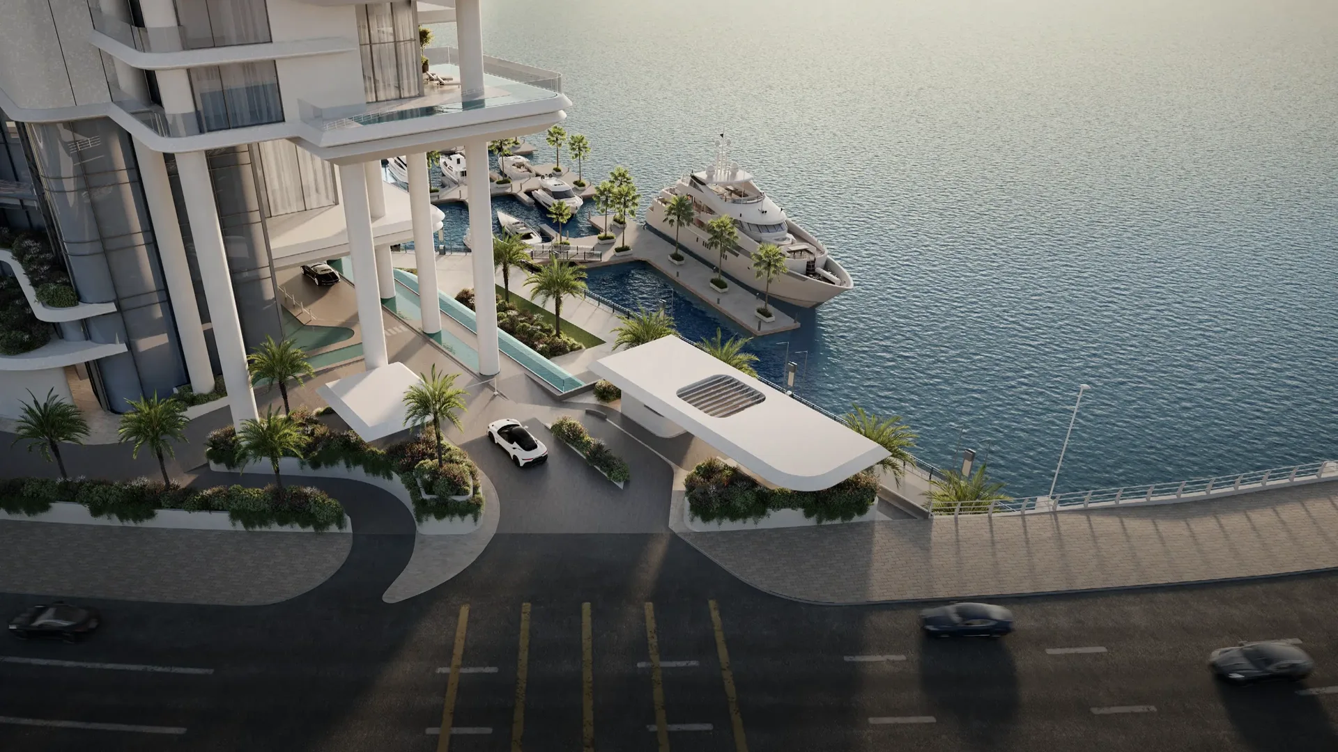 VELA — arrival canopy and waterfront drop-off marketing still (Omniyat)