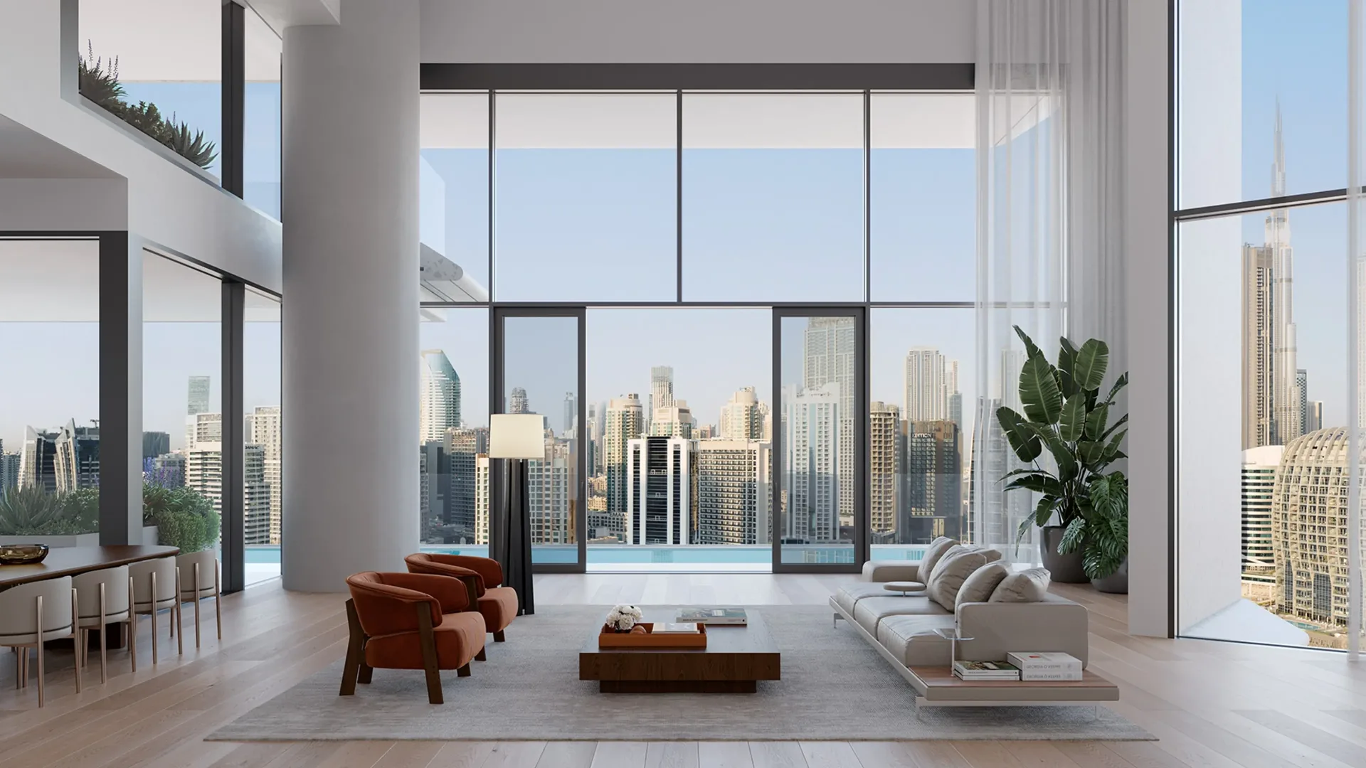 VELA — double-height living room marketing still with Downtown Dubai and Burj Khalifa outlook (Omniyat)