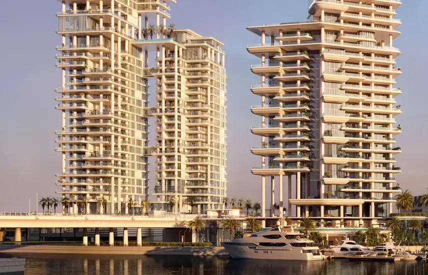 VELA Viento — waterfront twin-tower and neighbouring Marasi Bay tower marketing still (Property Finder)