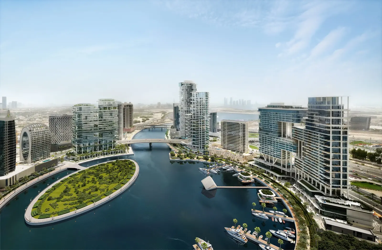 Marasi Bay masterplan aerial marketing still showing VELA Viento massing among the waterfront cluster (Omniyat)