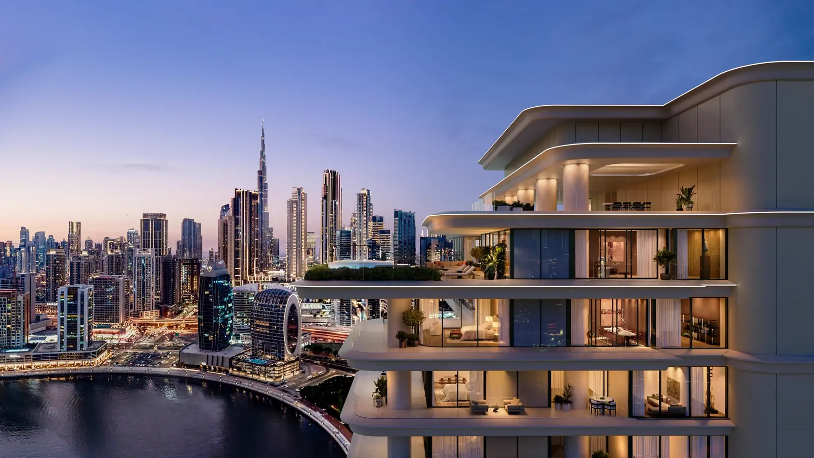 VELA Viento — dusk penthouse terrace marketing still with Burj Khalifa skyline (Omniyat)
