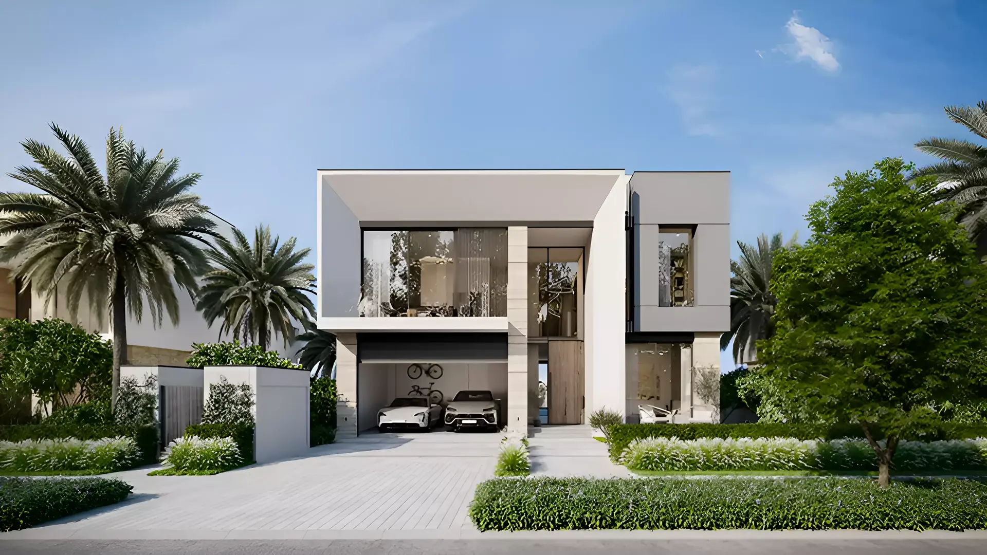 Villa Cyan Sky — street-side entrance and garage marketing still (Property Finder gallery)