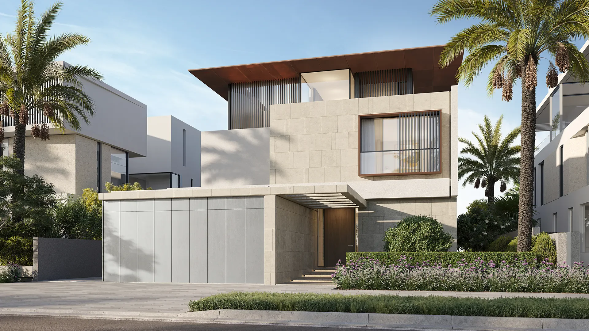 Villa Ocean Whisper — street-side exterior marketing still with garage and entry (official Beach Collection type)