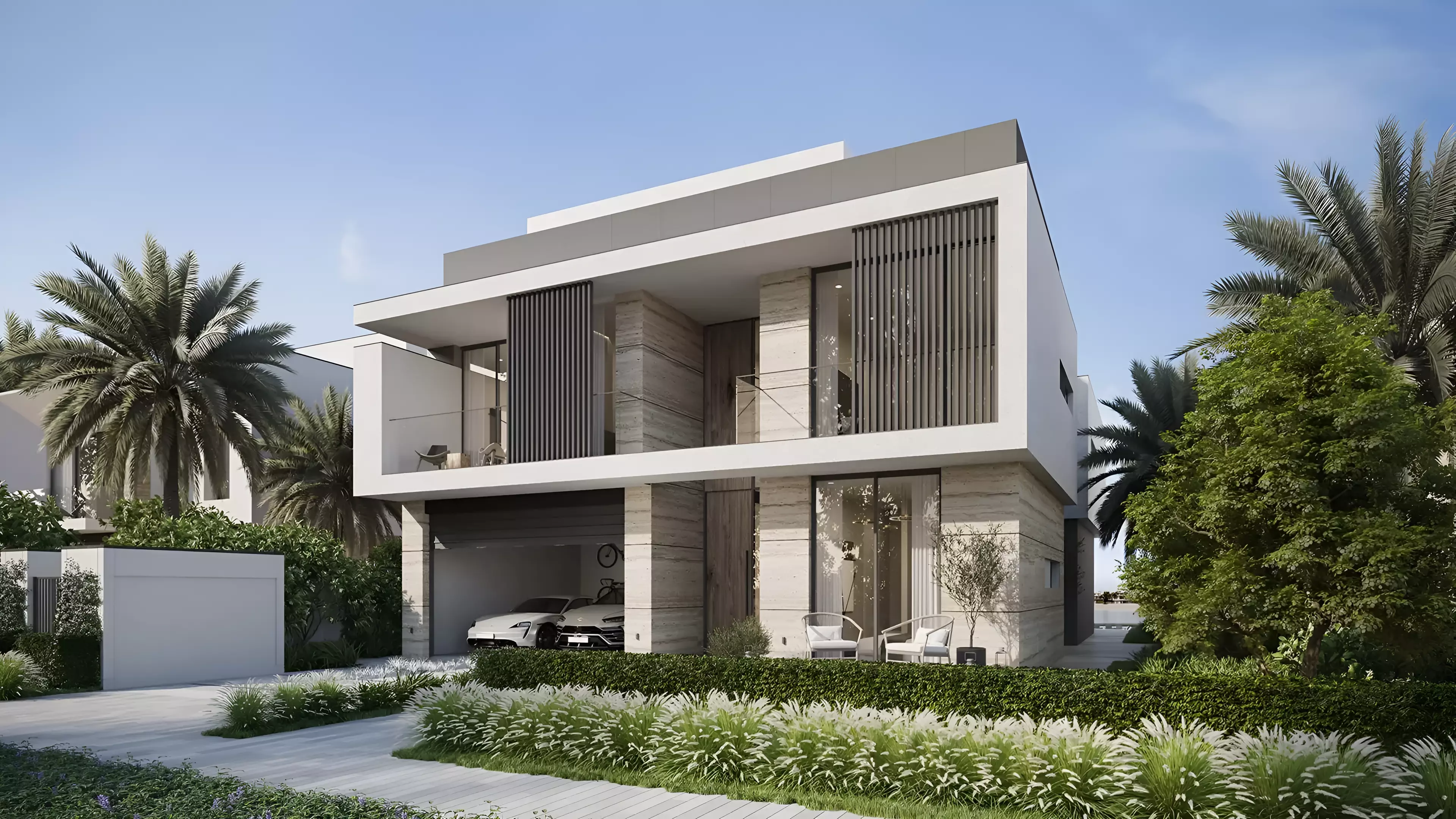 Villa Pacific Breeze — street-side entrance, garage and layered stone/white facade marketing still