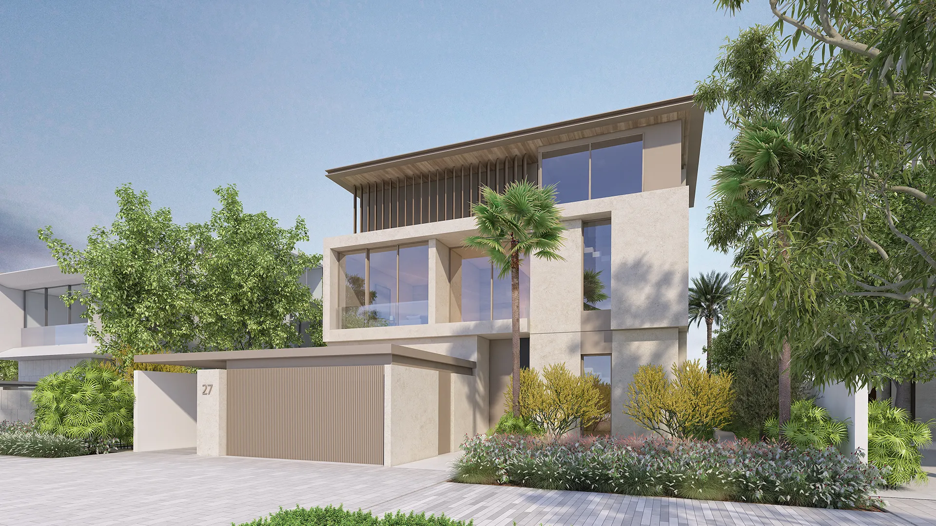 Villa Wave Crest — street-side exterior marketing still with garage and entry (official Beach Collection type)