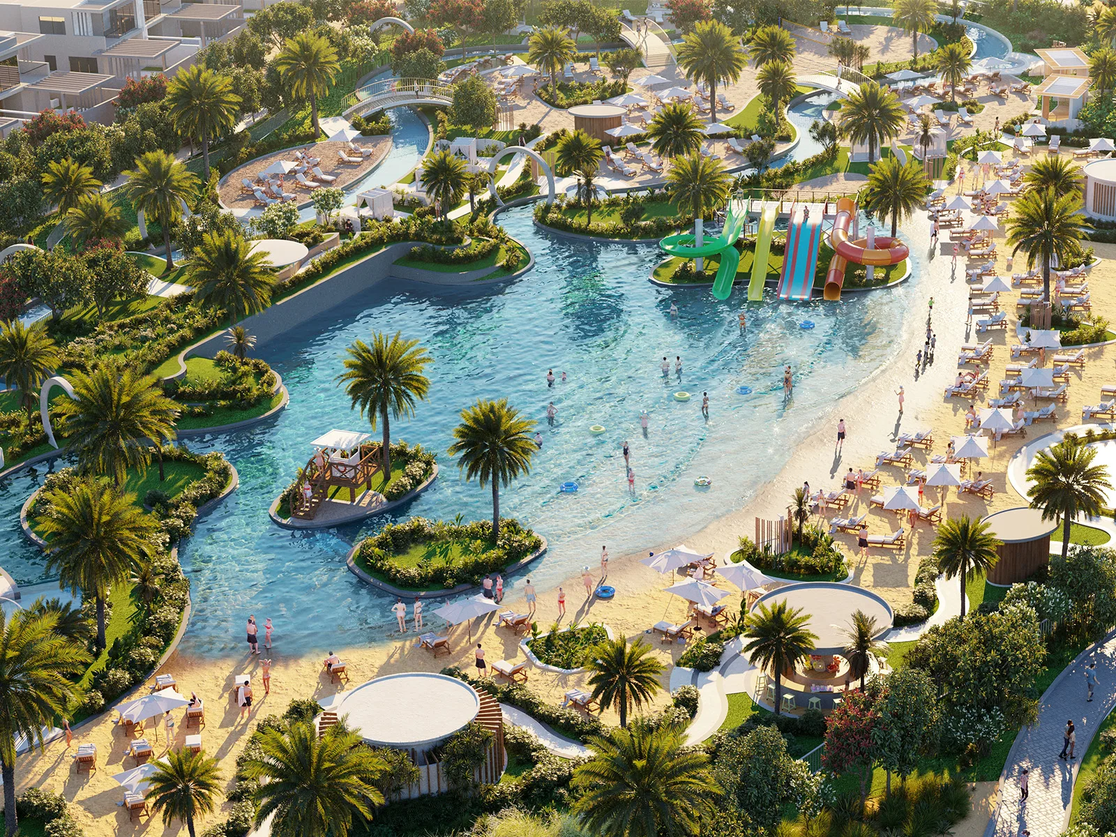 DAMAC Hills 2 Water Town marketing still — lagoon, beach and slides (community amenity, not a Violet 4 plot)