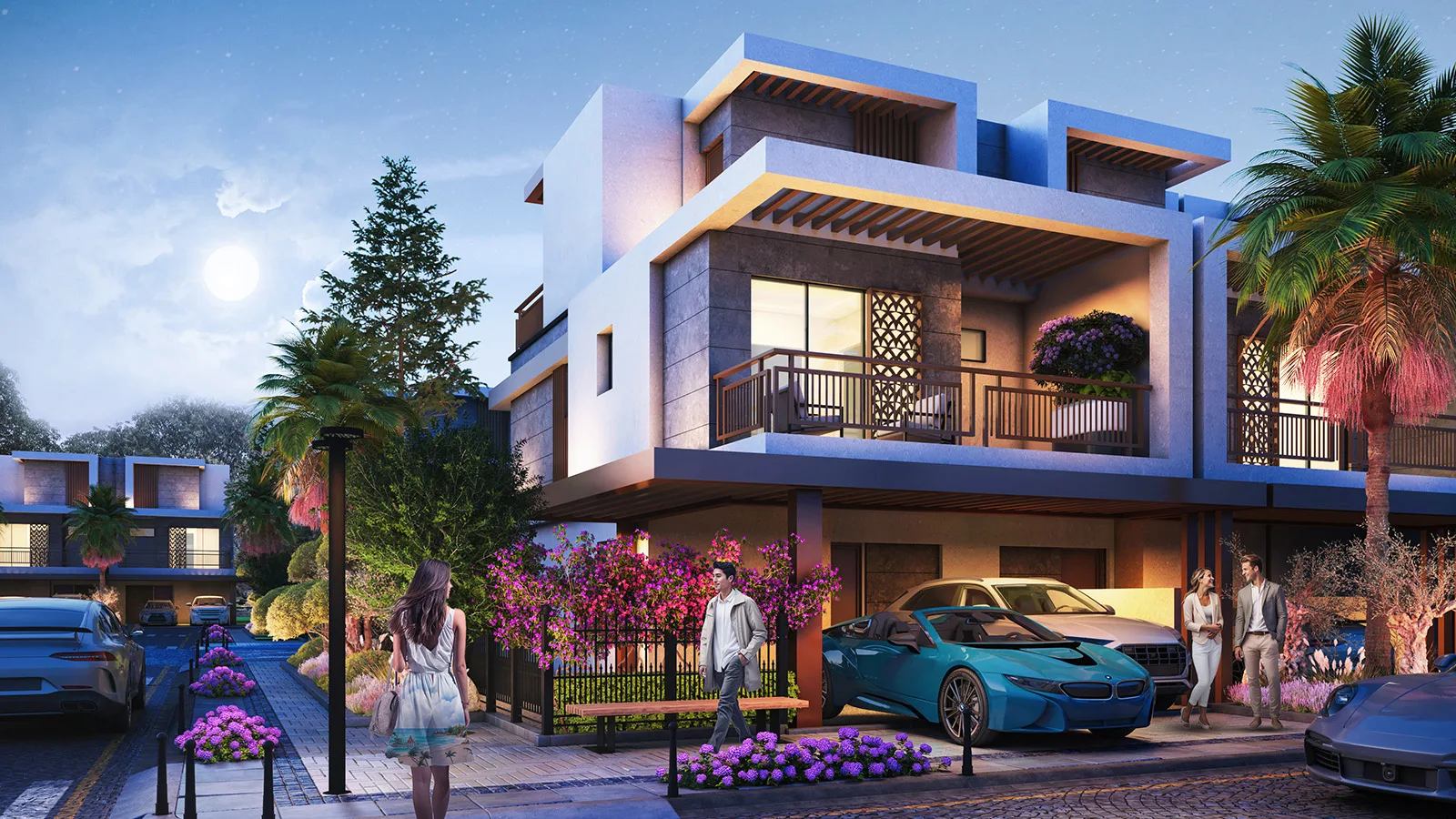 Violet 4 at DAMAC Hills 2 — official DAMAC dusk street front of the same townhouse with covered parking