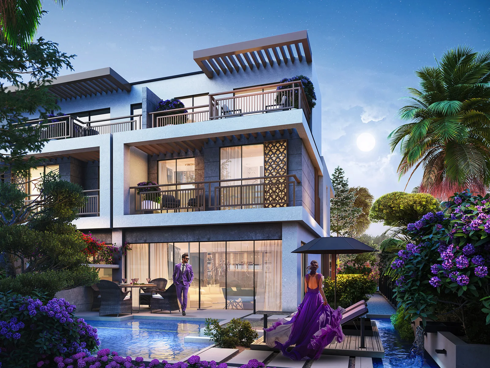Violet 4 at DAMAC Hills 2 — official DAMAC dusk garden and pool terrace of the same white townhouse row