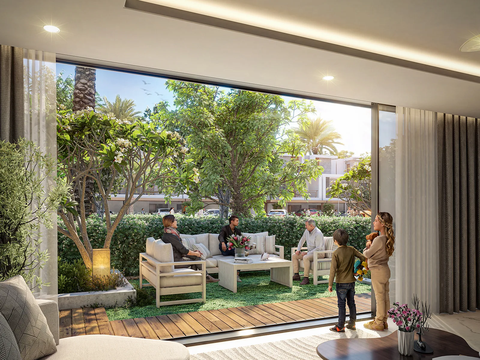 Violet 4 marketing interior — living room opening onto a private garden (official DAMAC)