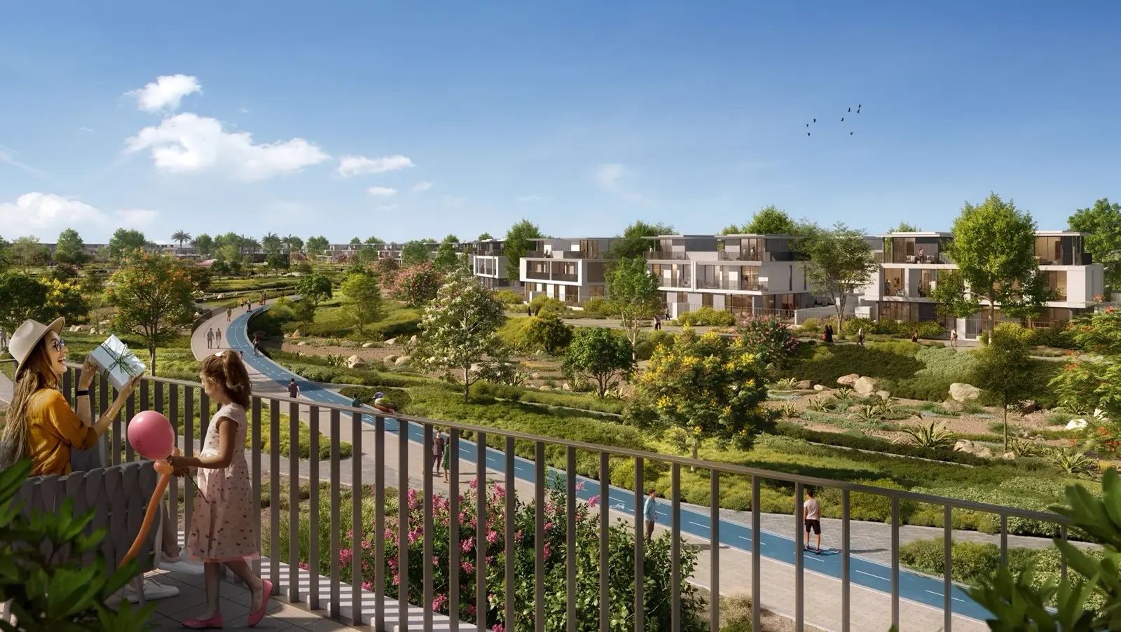Virella 2 at The Valley — marketing still of park and townhouse edge with balcony view