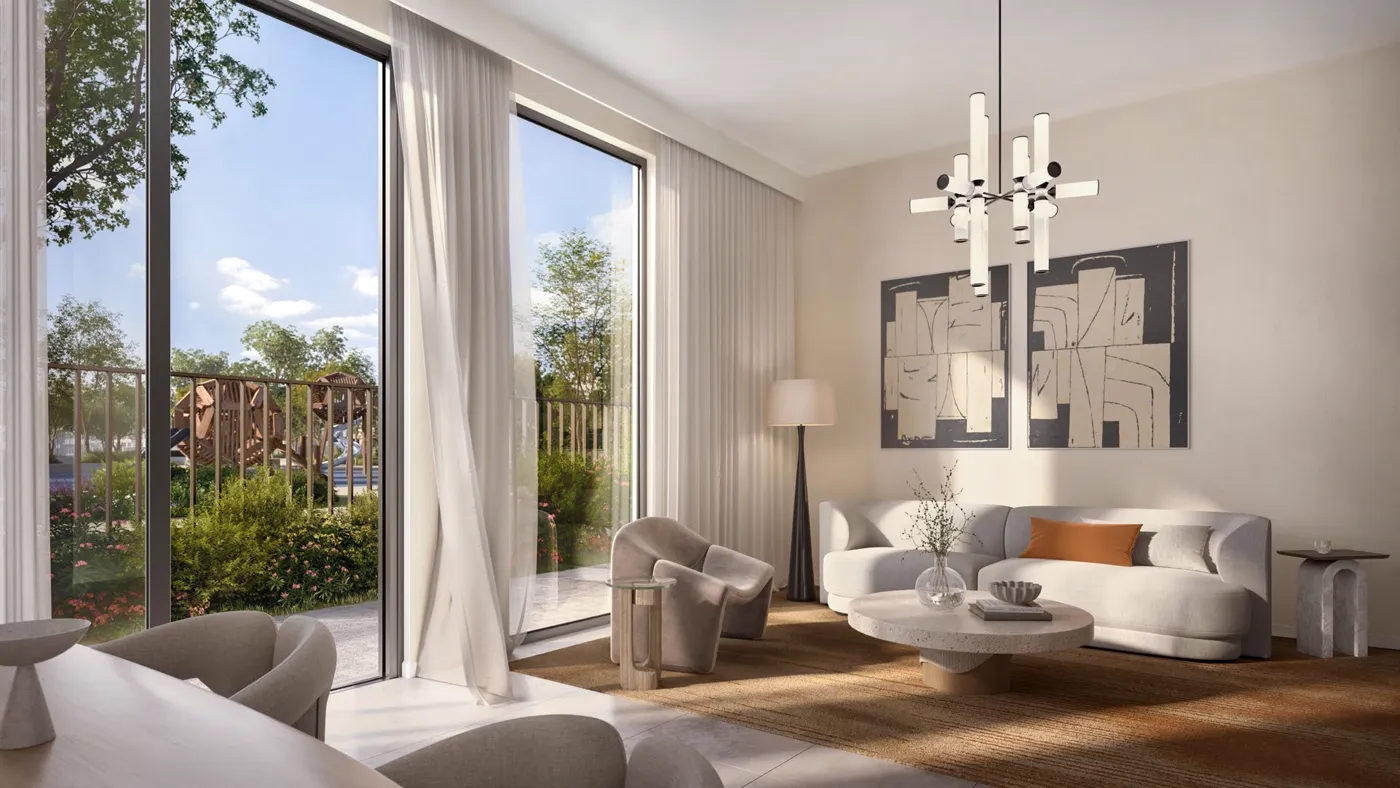 Virella 3 at The Valley — open-plan living marketing still with glass doors to outdoor greenery