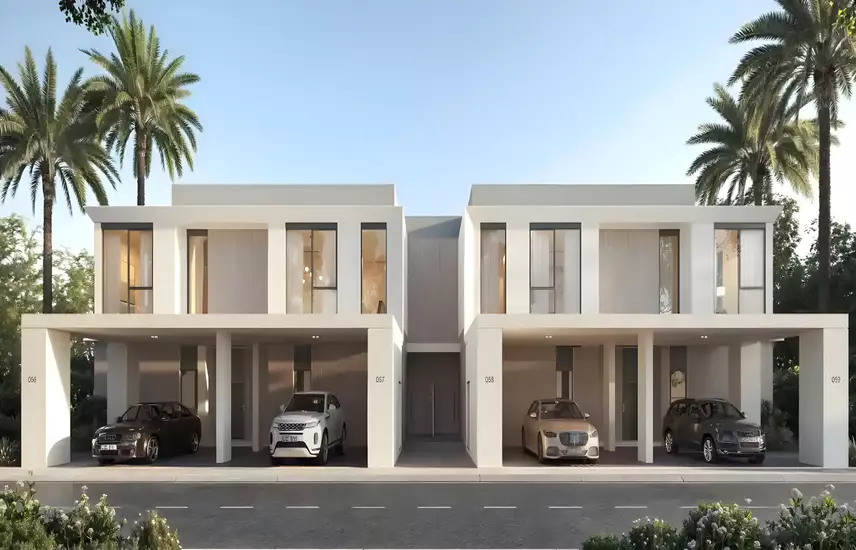 Virella 3 at The Valley — Property Finder project-card still of a white paired townhouse with four carports