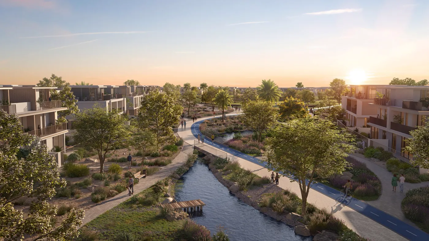 Virella 3 at The Valley — sunset marketing still of landscaped park and low-rise homes