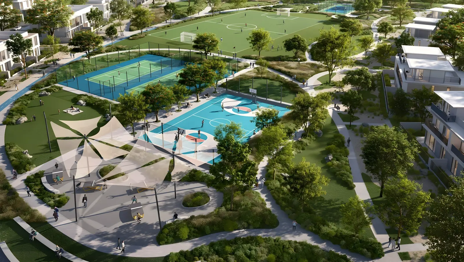 Virella at The Valley — Property Finder marketing still of The Valley sports courts, football pitch and adjacent townhouse blocks
