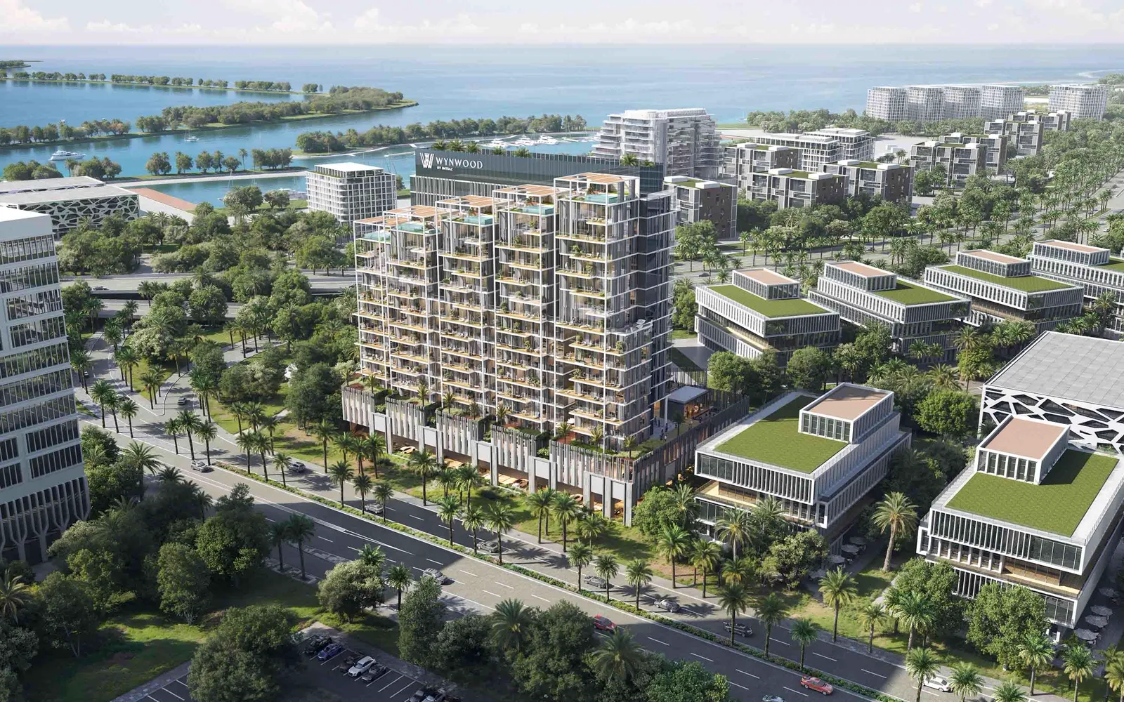 Wynwood by Imtiaz — official aerial exterior marketing still on Dubai Islands waterfront
