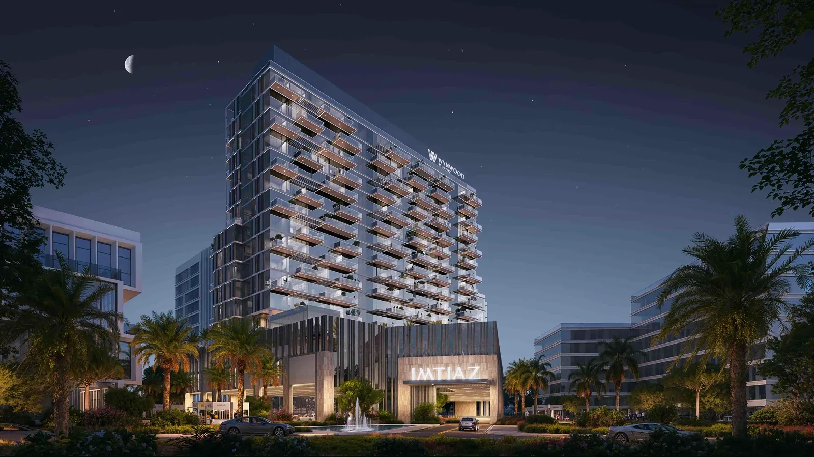 Wynwood by Imtiaz — official night exterior marketing still of the entrance and podium