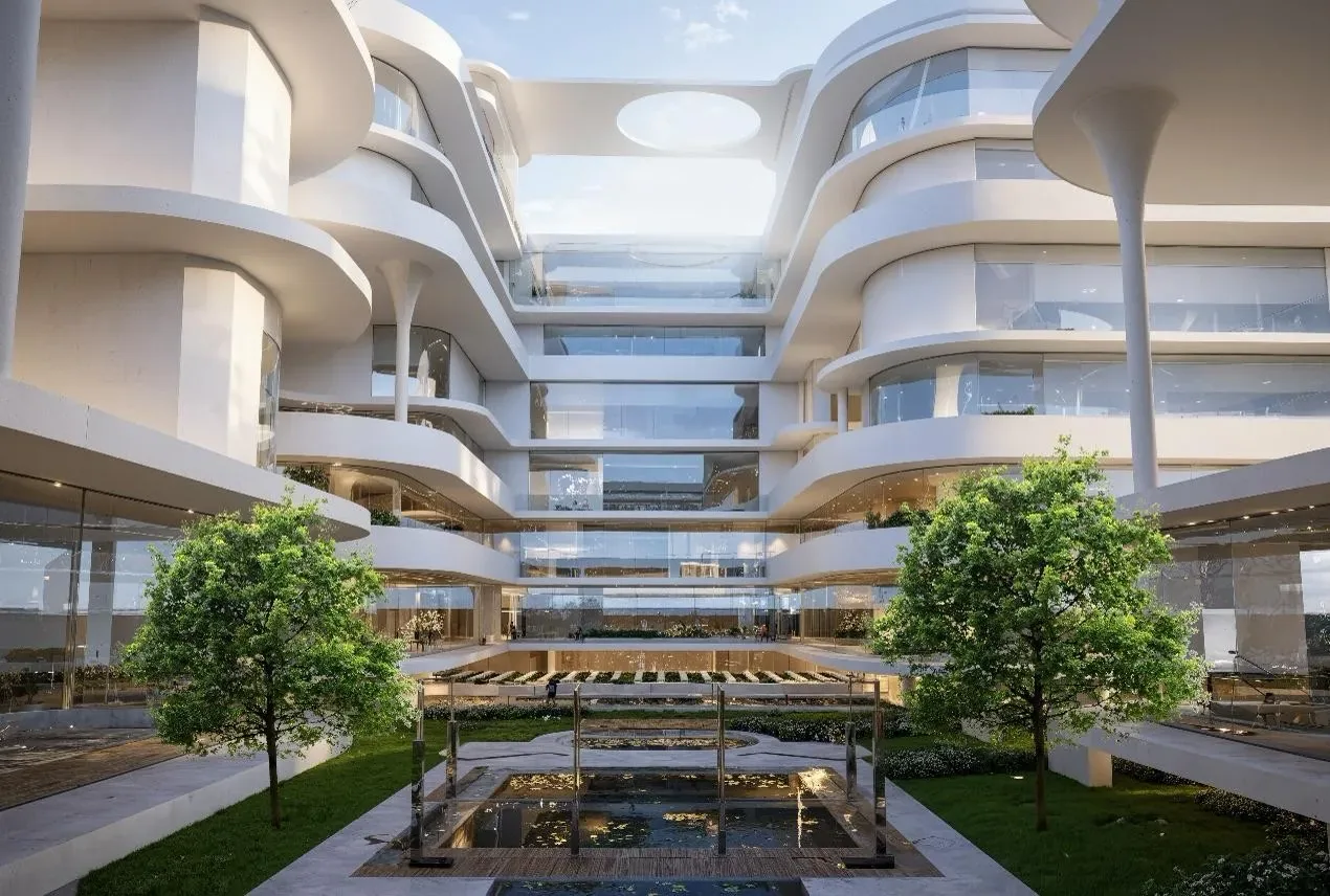 Zenith D1 — courtyard with circular skybridge and reflecting pool