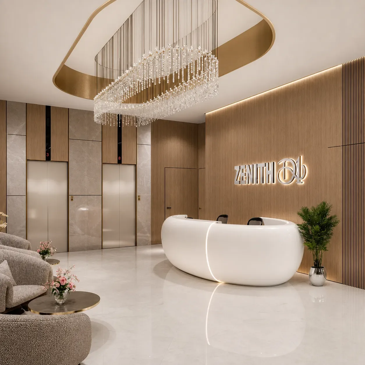 Zenith D1 — lobby render with ZENITH D1 lettering on the wood wall
